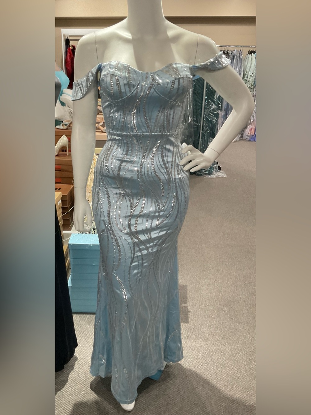 Size Large Sky Blue Sequin Off-Shoulder Evening Gown